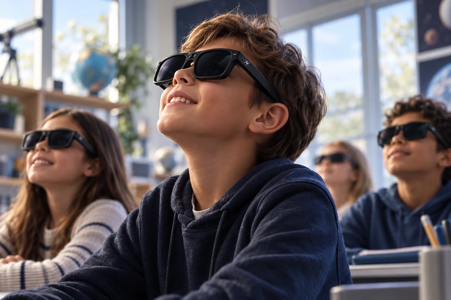 Concept render: students in a classroom wearing Umbra eyewear, looking upward in wonder
