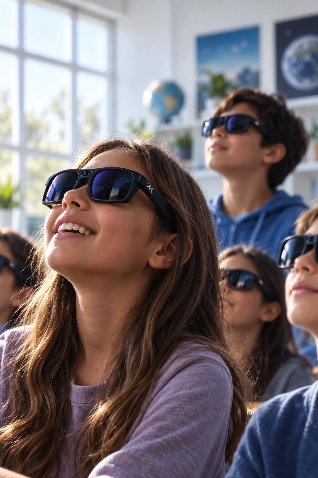 Concept render: a smiling student wearing Umbra eyewear among classmates