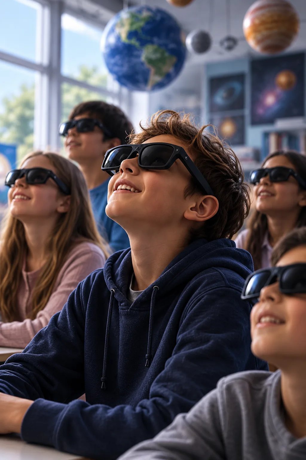 Concept render: a student in Umbra eyewear looking up, with classmates beside him