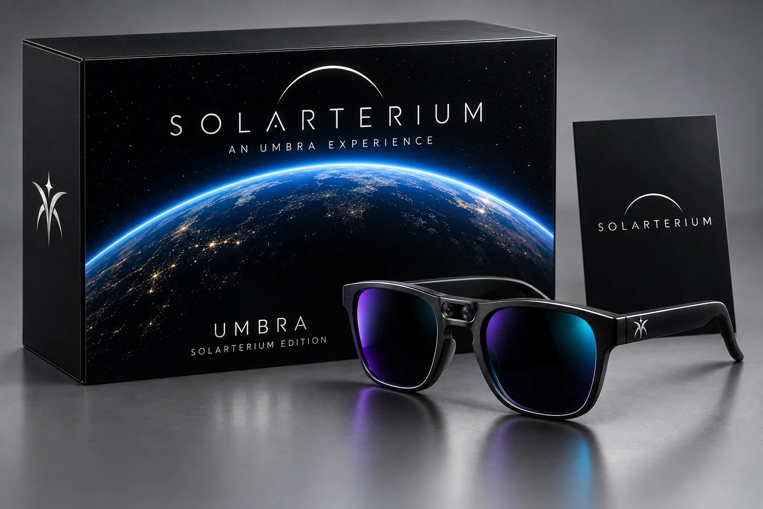 Concept render of the Solarterium Edition box beside Umbra eyewear and a quick start guide
