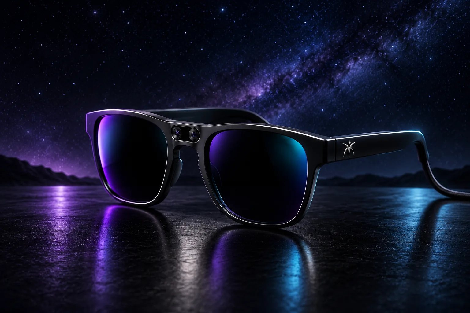 Concept render of Umbra eyewear on a reflective surface beneath a starry sky
