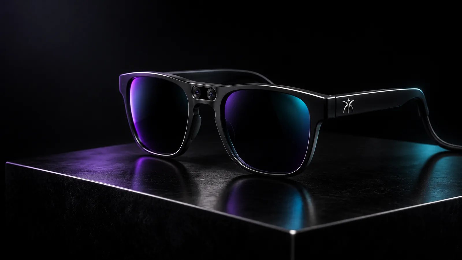 Studio concept render of Umbra eyewear: a wayfarer frame with a centred camera module